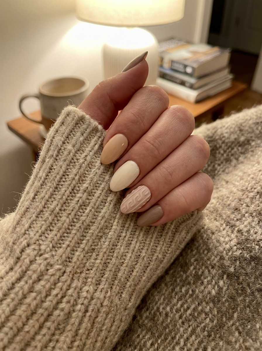 Cozy Sweater Nails mit weichen Taupe- und Creme-Tönen